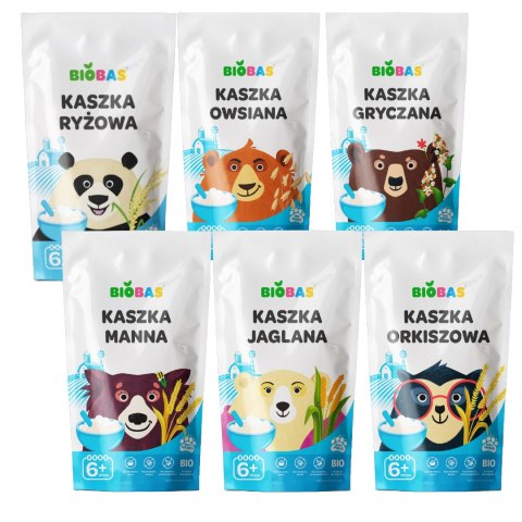 Zestaw BIO Kaszek Kaszka Ryżowa Kaszka Orkiszowa Jaglana Manna Owsiana 6x200 BIOBAs Zestaw BIO Kaszek Kaszka Ryżowa Kaszka Orkiszowa Jaglana Manna Owsiana 6x200 BIOBAs